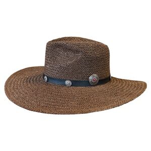 Brown Straw Fedora Custom With Concho and Feather Detail NEW NEVER WORN!